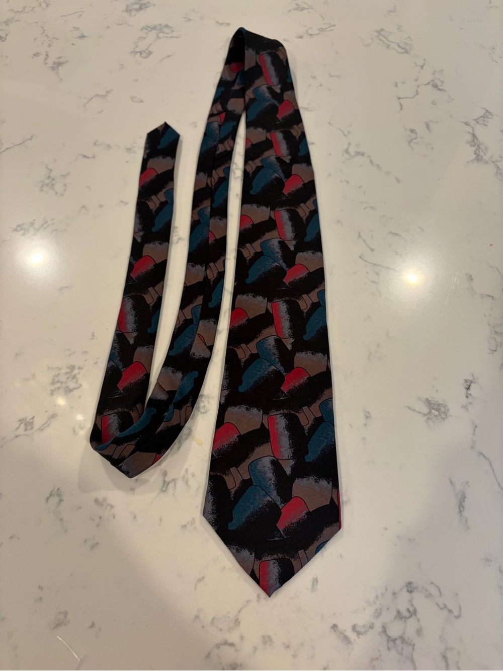 DAMON Vintage Men's Black Patterned Silk Tie with Red and Blue Accents